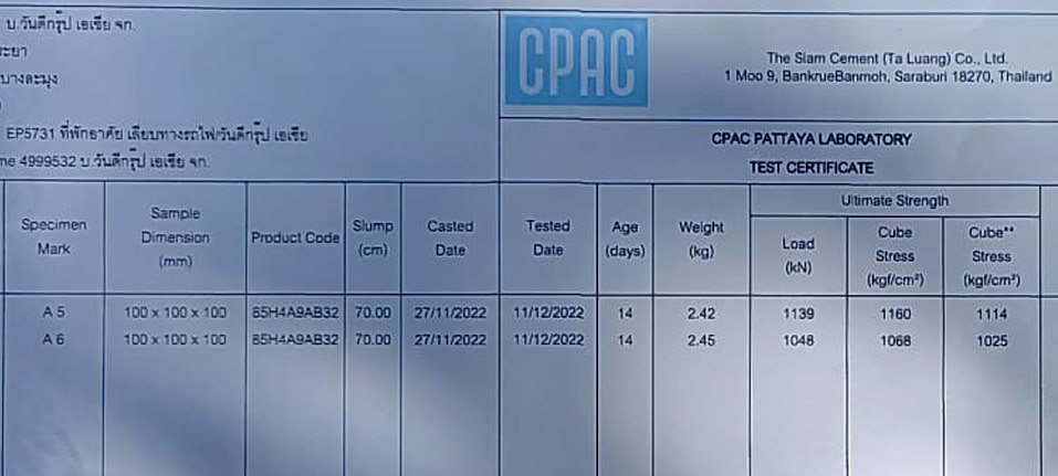 After 14 days, the 1000 KSC concrete mix test results that were used for the whole structure