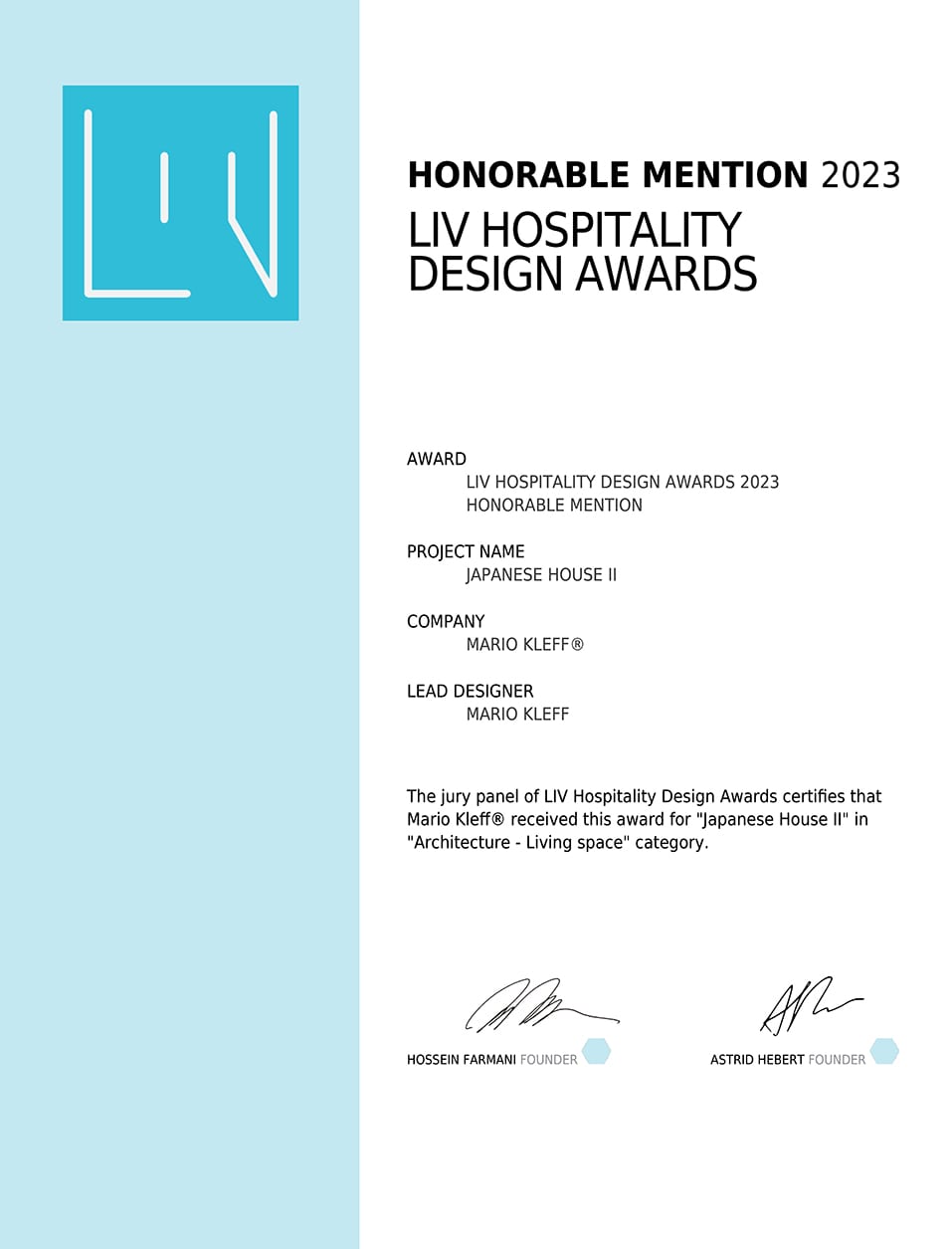 Mario Kleff wins Honorable Mention in 2023 LIV Hospitality Design Awards